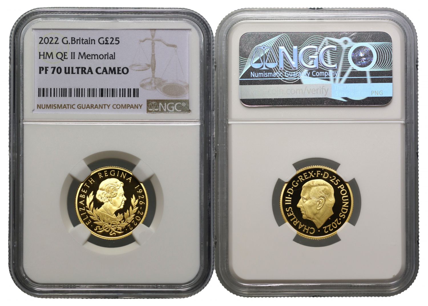 * Charles III 2022 PF70 UC gold 1/4oz Queen Memorial