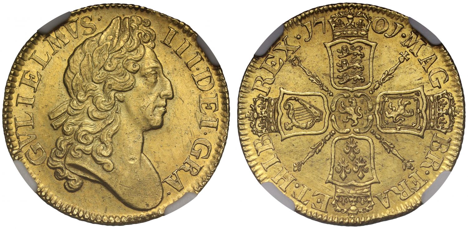 William III 1701 Guinea second bust MS63+, second finest graded