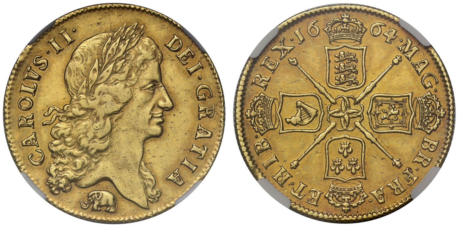 Charles II 1664 Two-Guineas Elephant below bust AU53