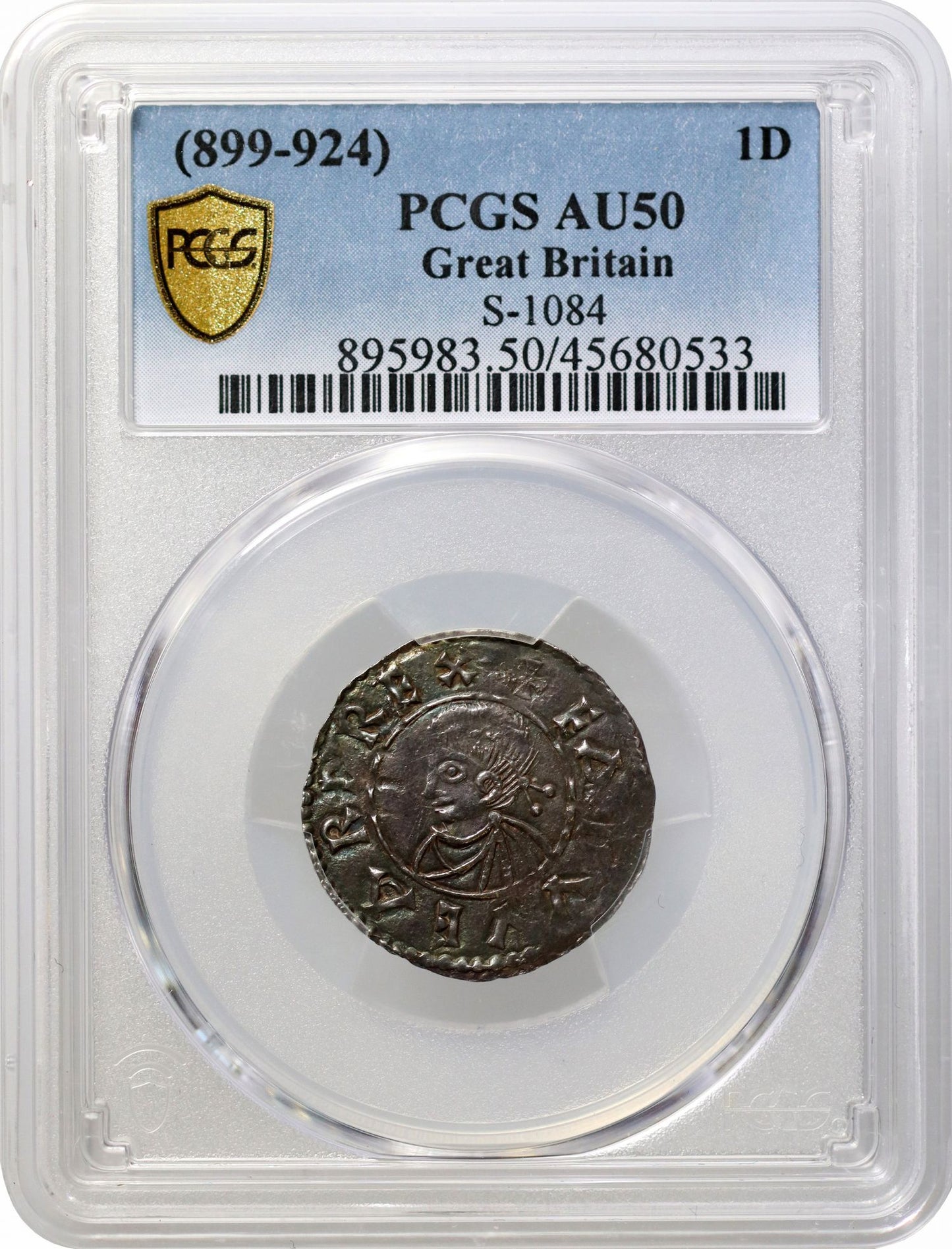 Edward the Elder Penny, Portrait type, AU50, East Anglia mint, Leofhelm