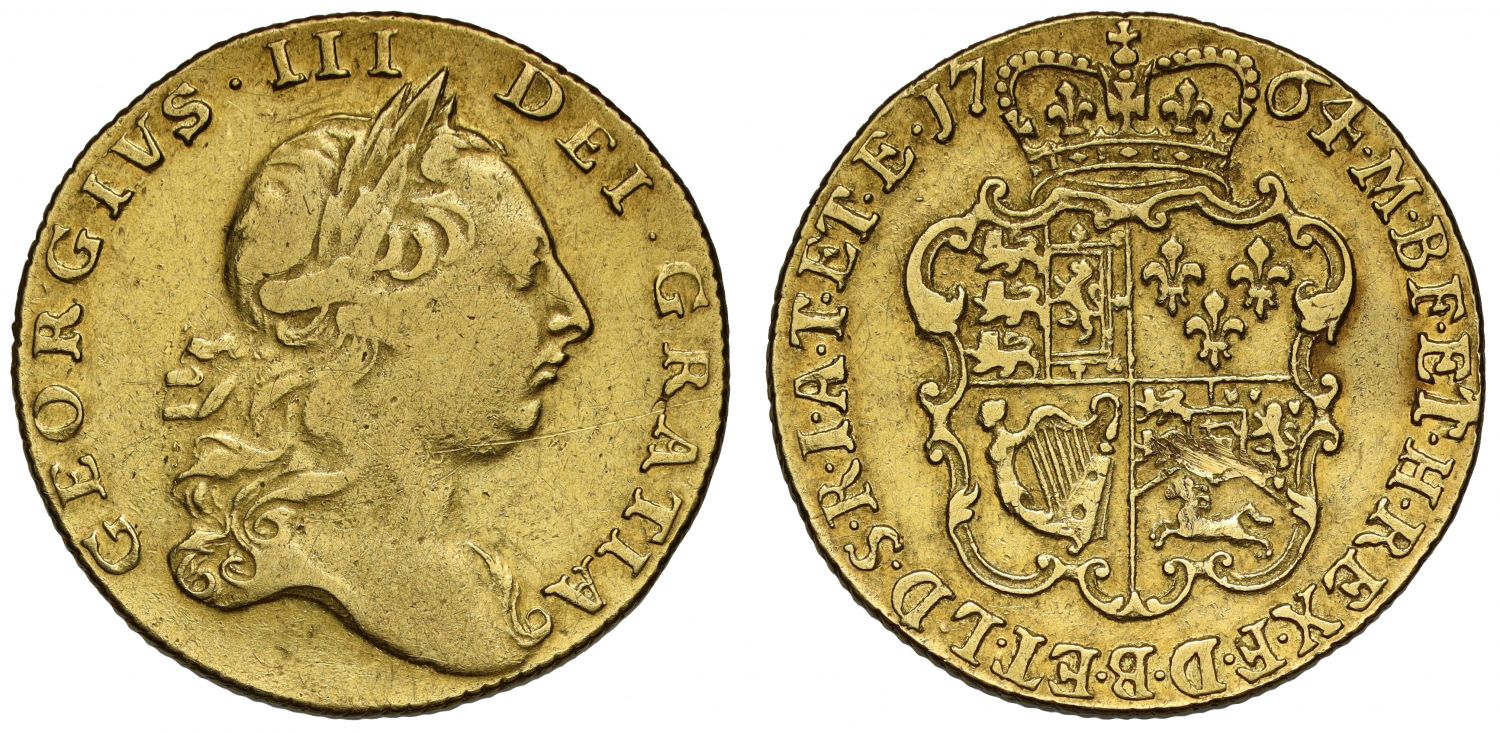 George III 1764 Guinea, second head, no stop at top, very rare