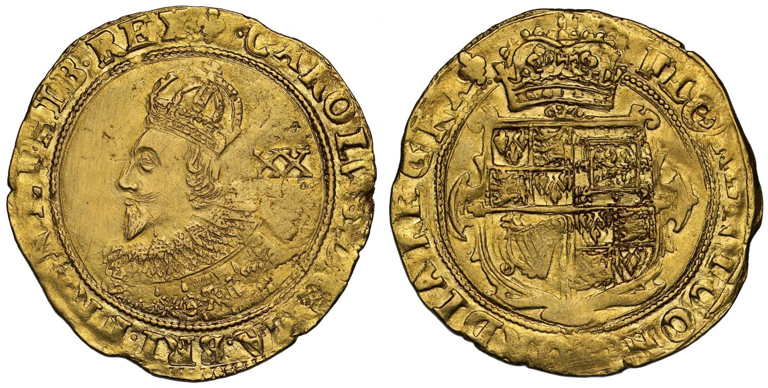 Charles I Unite, Tower mint under the King, initial mark lis