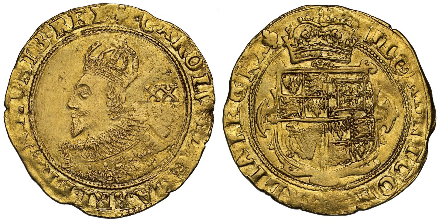 Charles I Unite, Tower mint under the King, initial mark lis