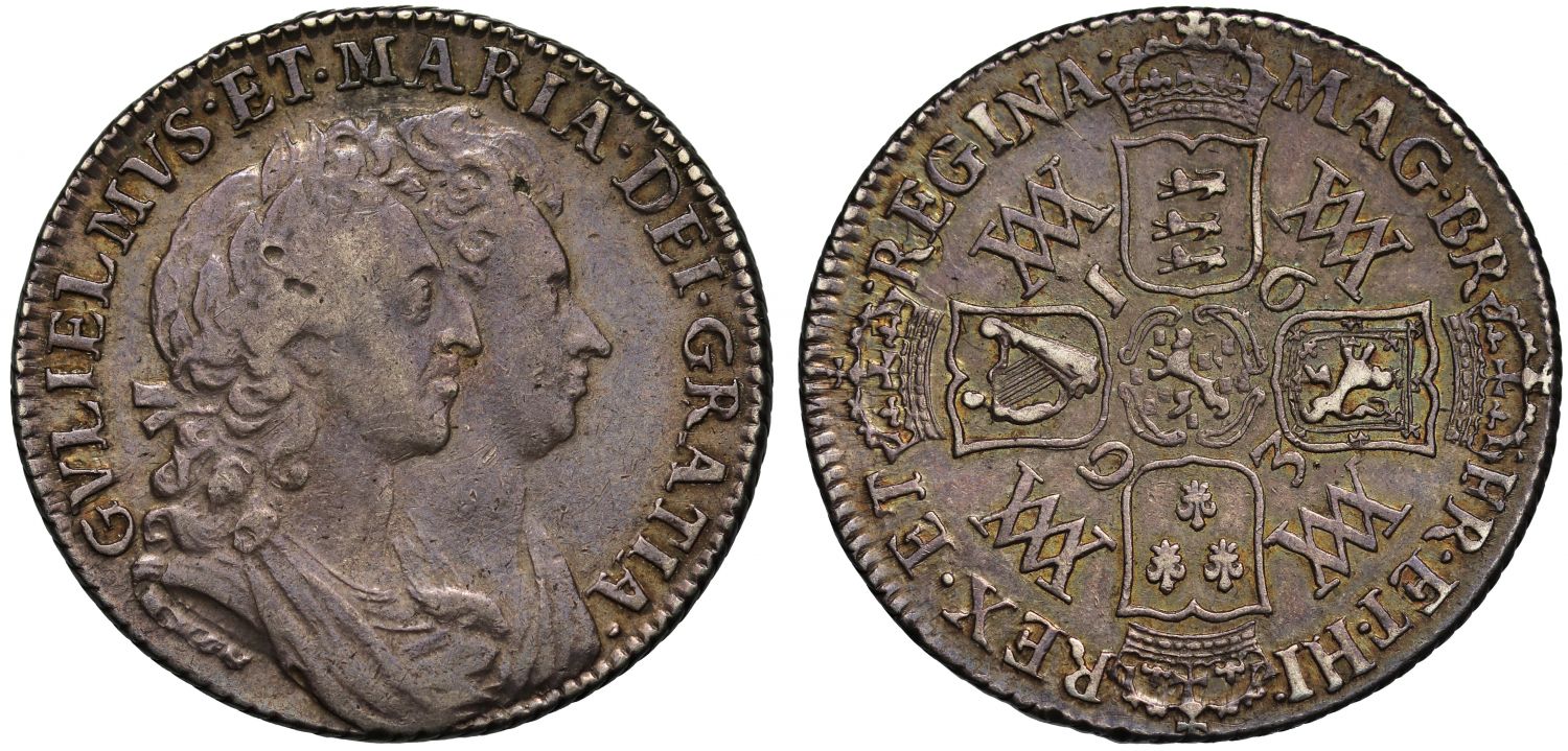 William and Mary 1693 Shilling with 9 struck over 0 in date