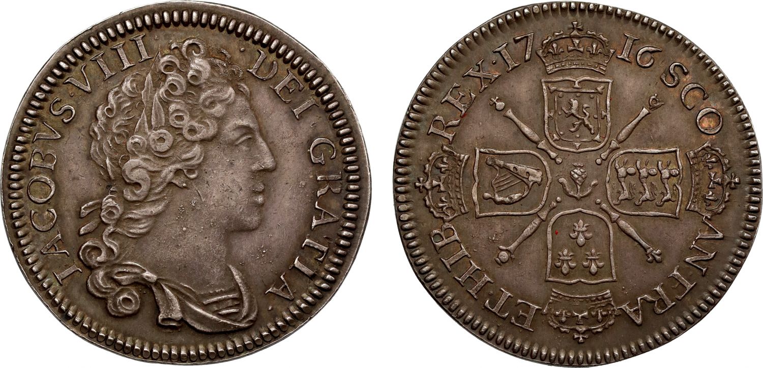 Scotland, James VIII 1716 silver restrike Guinea, struck in 1828 by M. Young