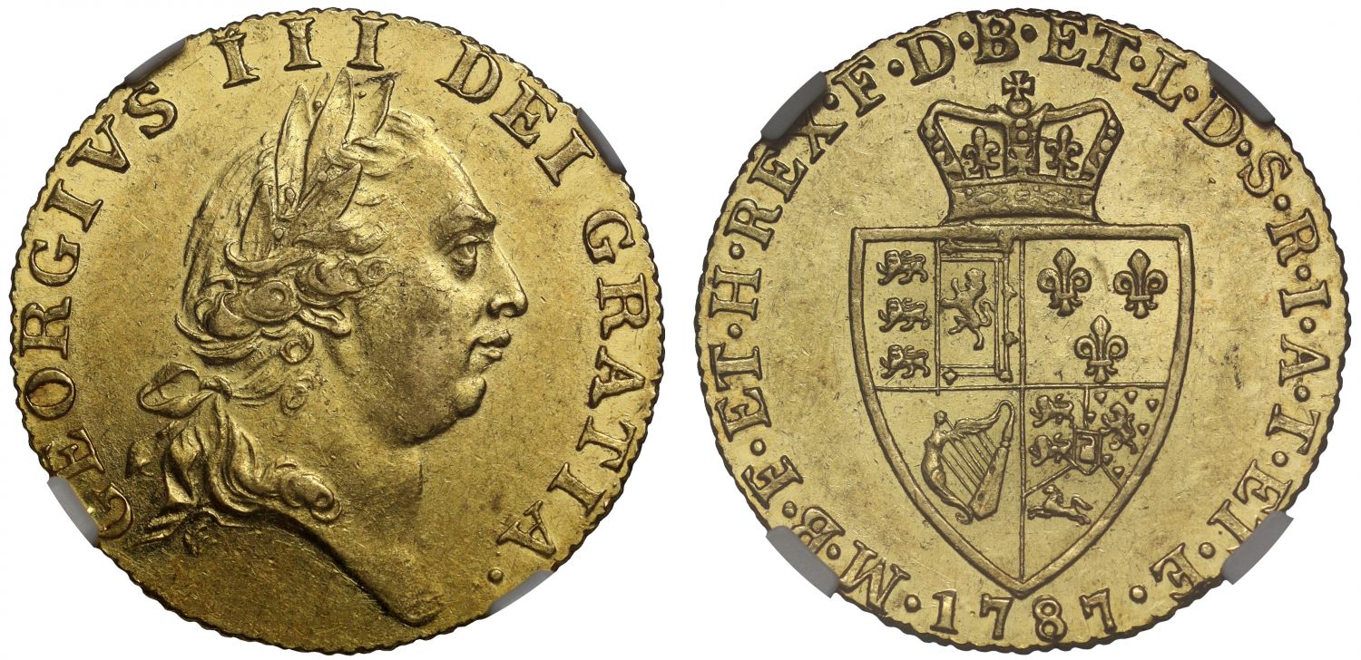 George III 1787 Guinea, spade type reverse, fifth bust, AU58
