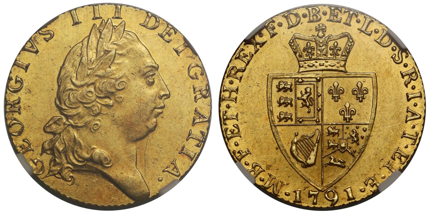 George III 1791 Guinea, fifth bust, spade type reverse NGC MS62