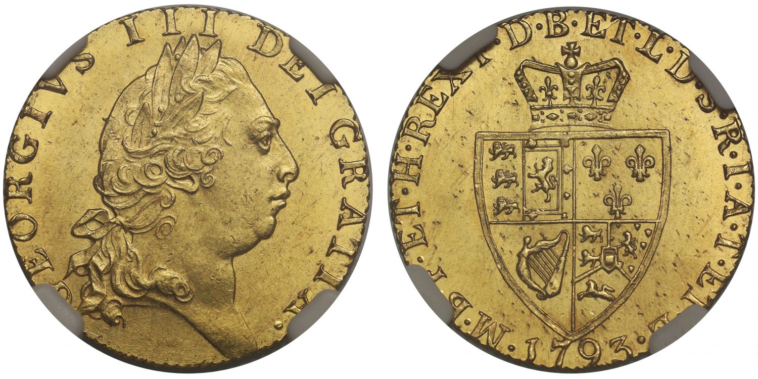 George III 1793 Guinea, fifth bust, spade type reverse NGC MS63