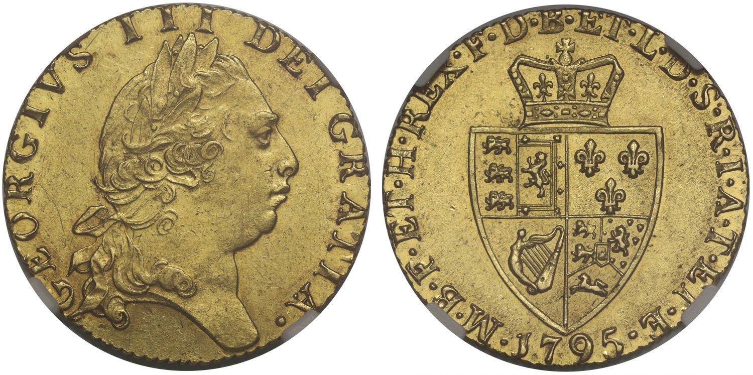 George III 1795 Guinea, fifth bust, 9 over small 9 spade type reverse, NGC AU58