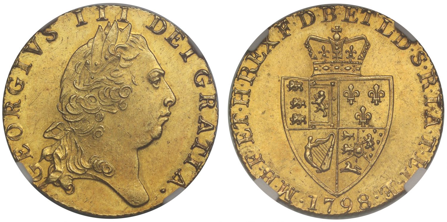 George III 1798 Guinea, fifth bust, spade type reverse NGC MS62+