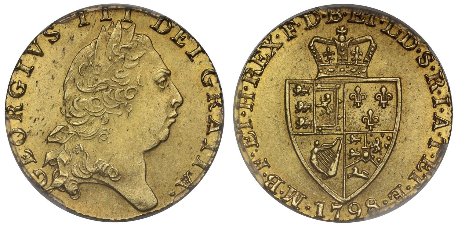 George III 1798 Guinea MS63, fifth head, spade type reverse