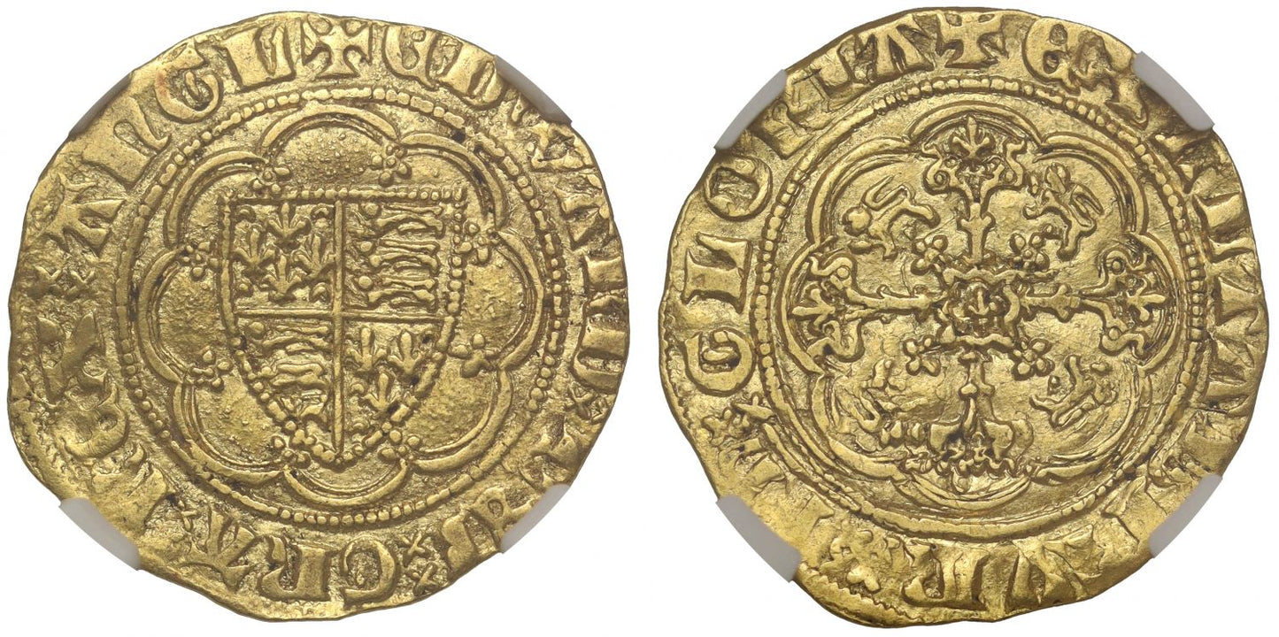 Edward III Quarter-Noble Treaty Period, curule X in legend, AU58