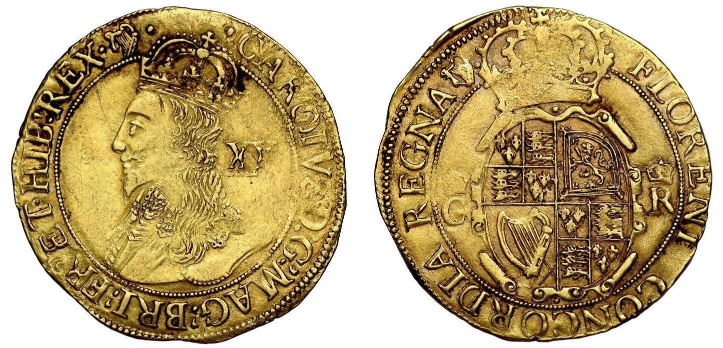 Charles I Unite Tower Mint, group D, mintmark harp