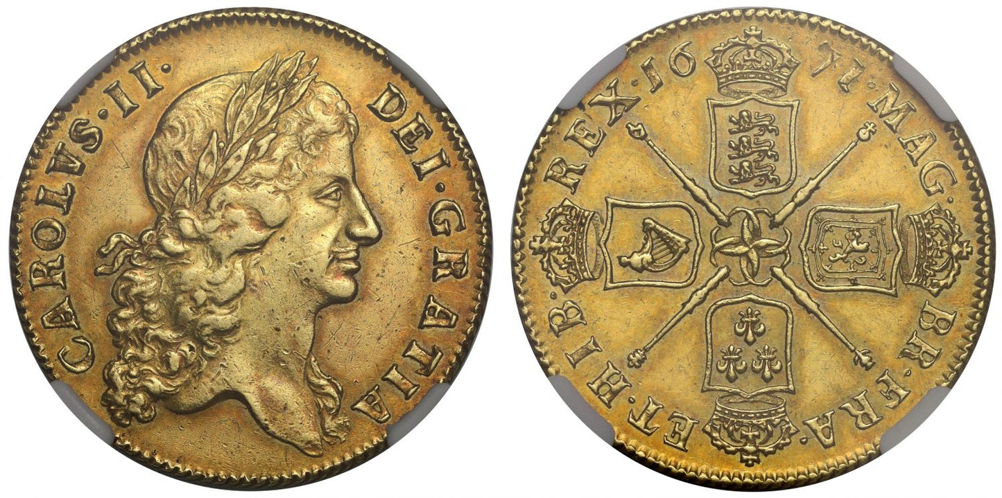 Charles II 1671 Two-Guineas, 1st bust, AU55, finest known, one of rarest dates