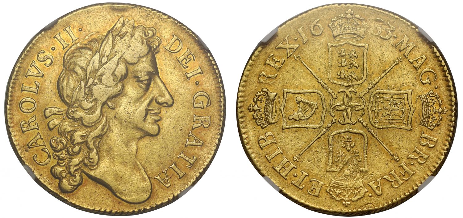 Charles II 1683 Two-Guineas, 2nd head, penultimate date, AU53, ex Baumhauer