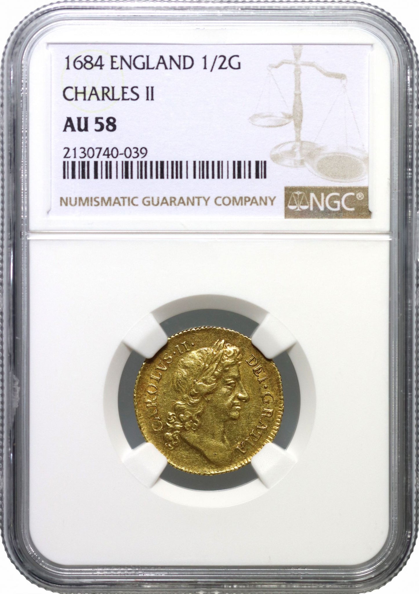 Charles II 1684 Half-Guinea, AU58, finest graded, final date for reign