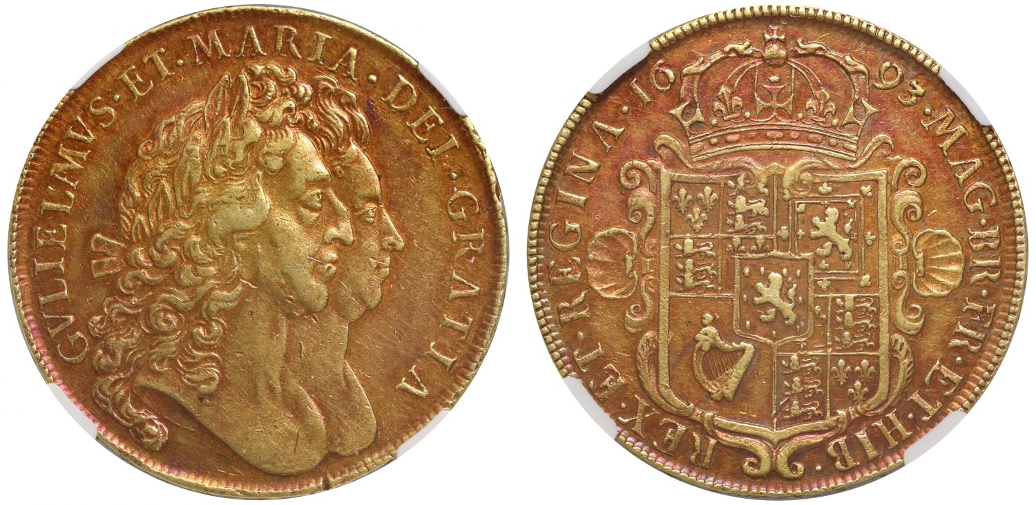 William & Mary 1693 Five-Guineas, QVINTO edge year, AU53, ex Baumhauer