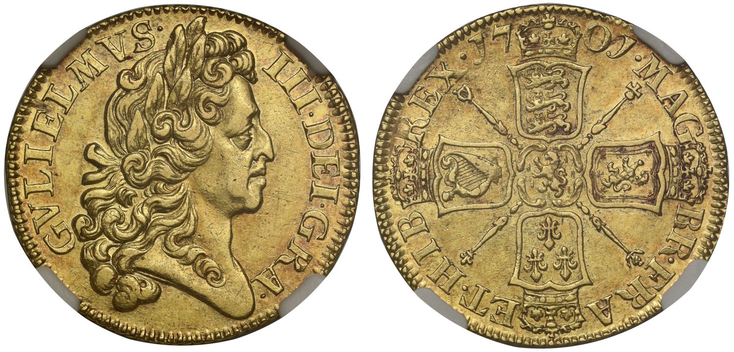 William III 1701 'Fine work' Guinea AU55, Rarest issue of date