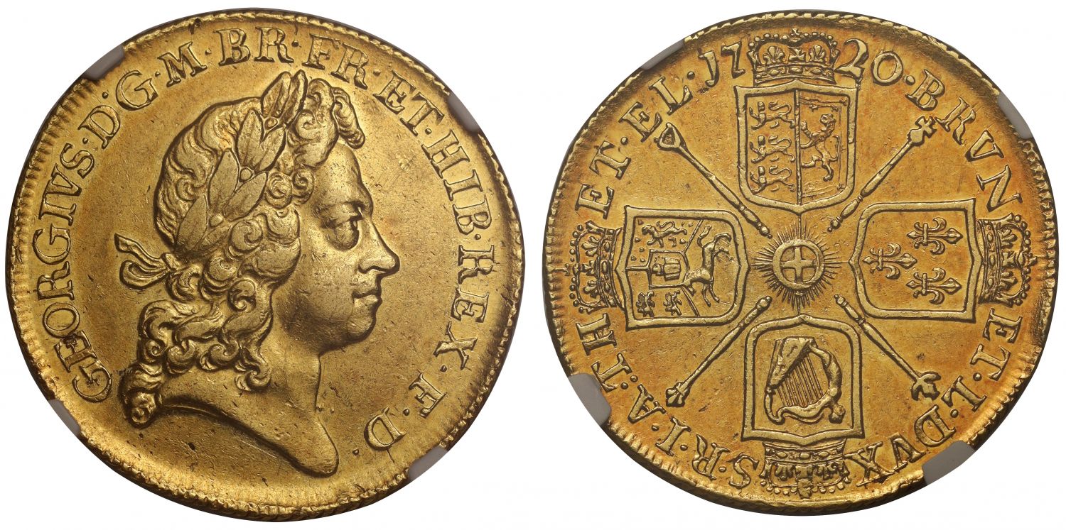 George I 1720 Two-Guineas, with 20 struck over 17, NGC AU53