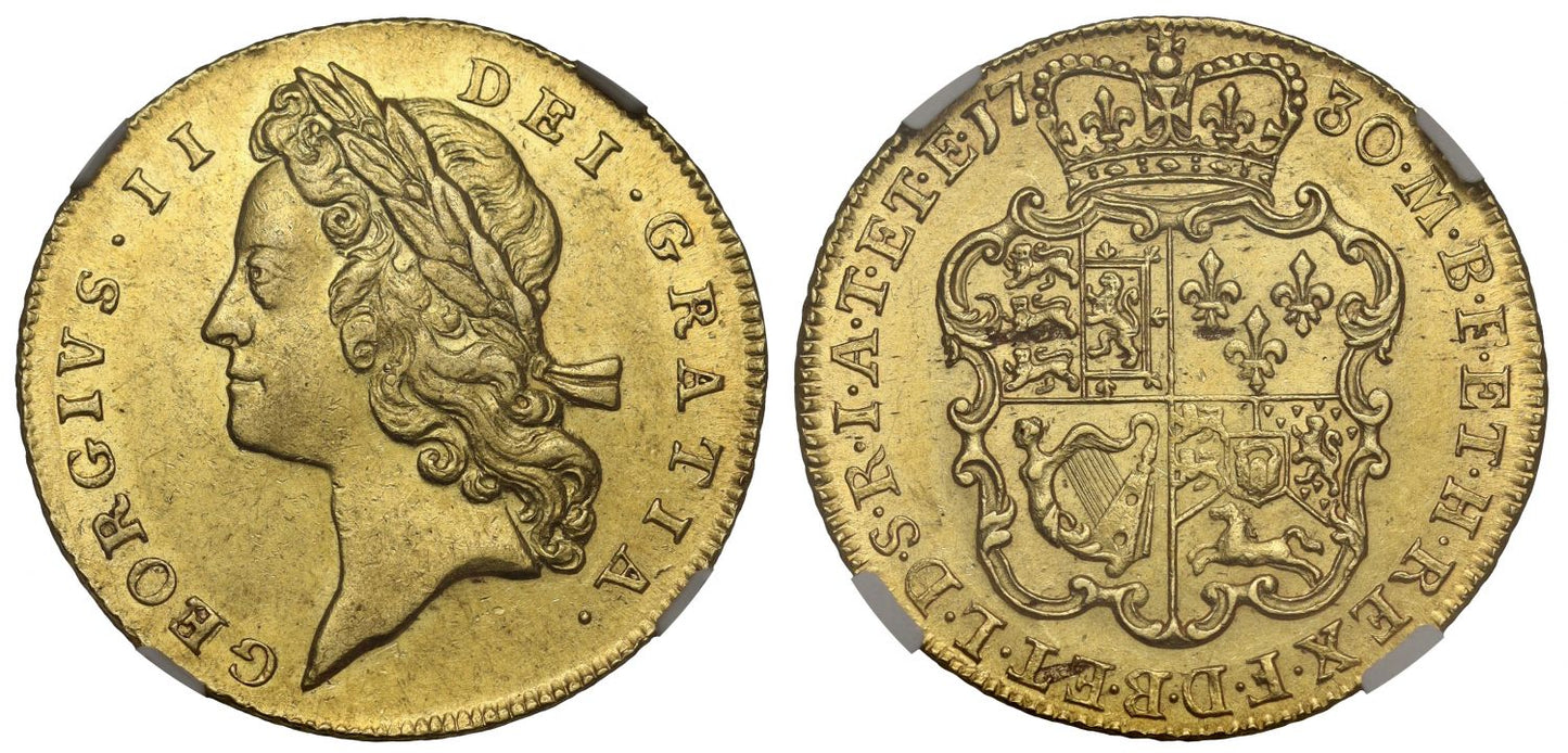 George II 1730 Guinea AU58, 2nd young head, extremely rare date