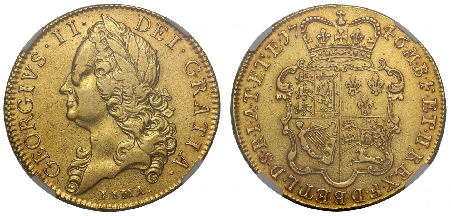 George II 1746 LIMA Five-Guineas XF40, struck from captured gold, ex Baumhauer