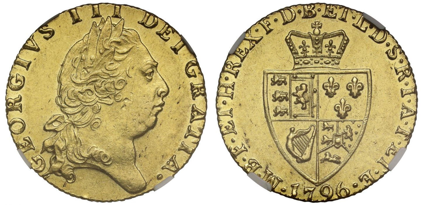 George III 1796 Guinea AU58, 5th head, spade reverse, ex Baumhauer