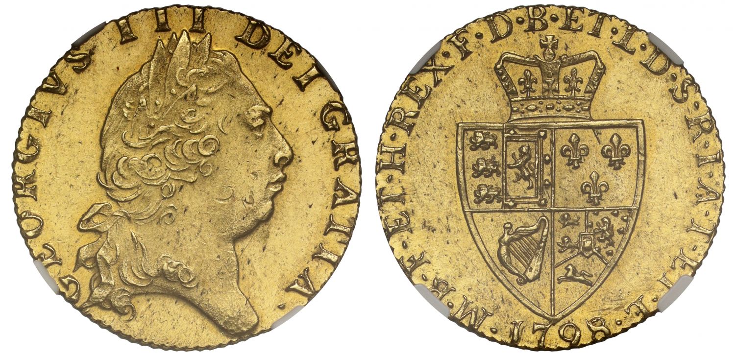 George III 1798 Guinea, 8 over 7, fifth head Spade reverse, MS62