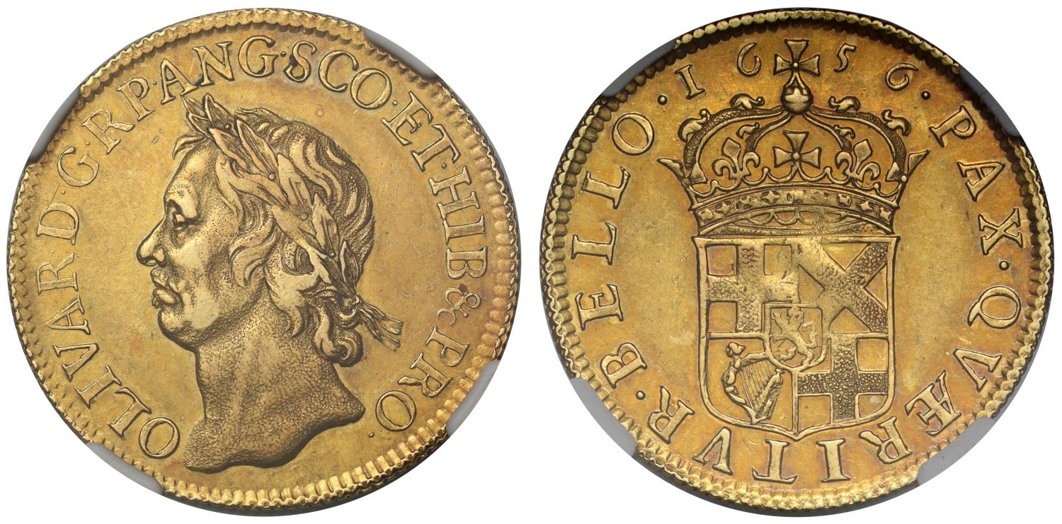 Oliver Cromwell 1656 gold Broad of 20 Shillings AU58, ex Slaney part 2