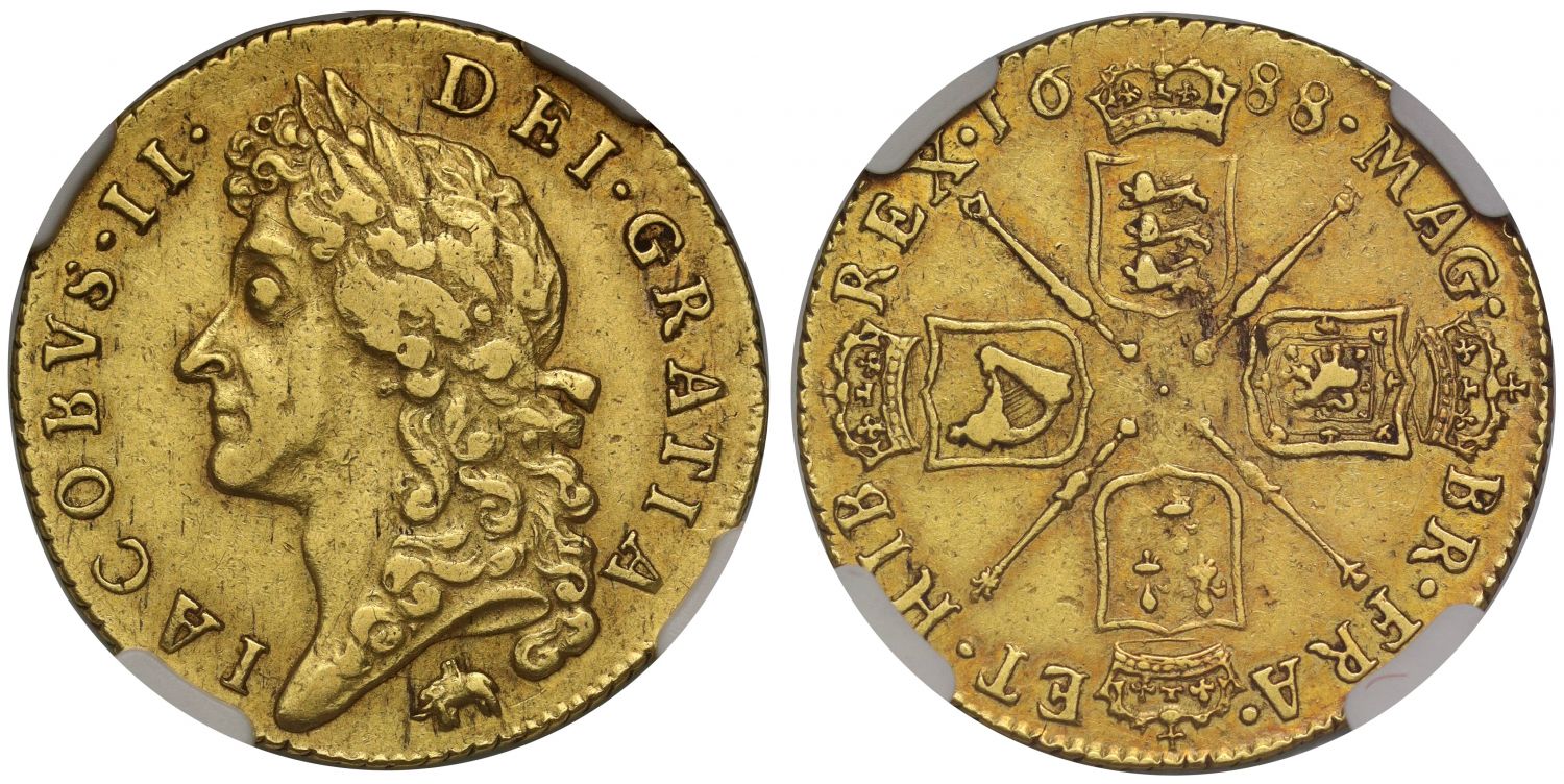 James II 1688 Guinea Elephant & Castle XF45, rare type for final year