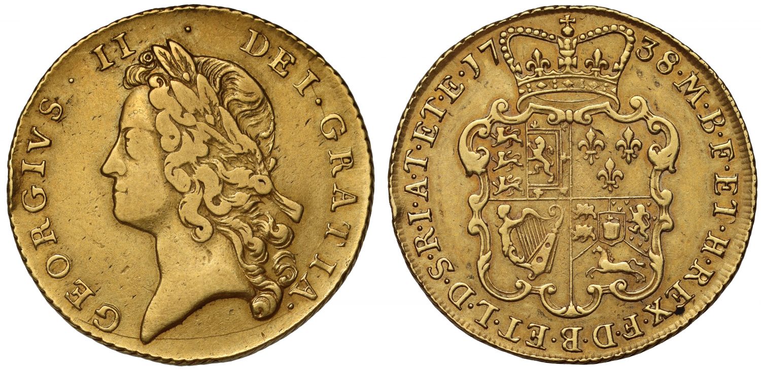 George II 1738 Two-Guineas, young head, obverse 4 / reverse 5, 8 string harp