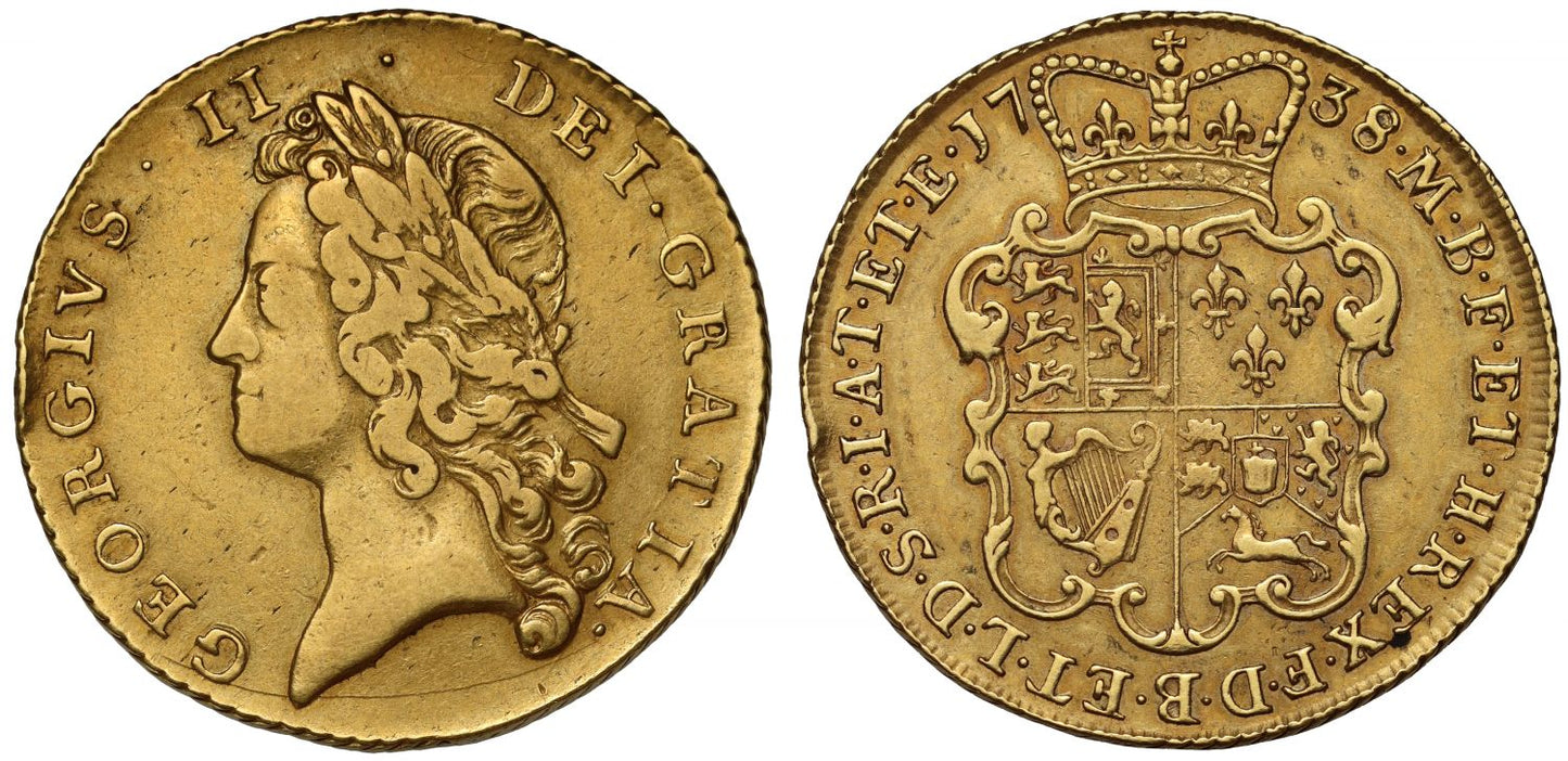 George II 1738 Two-Guineas, young head, obverse 4 / reverse 5, 8 string harp