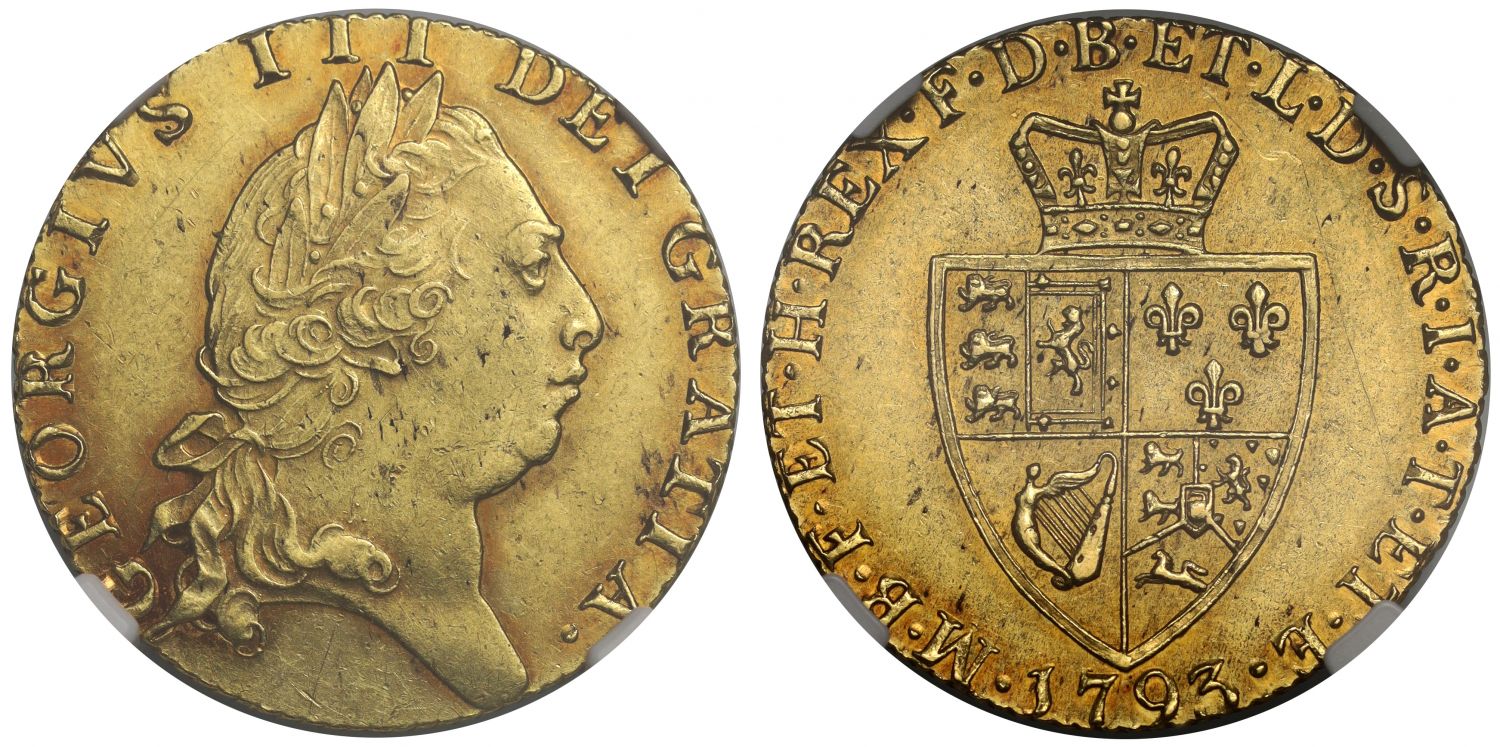 George III 1793 Guinea AU58, fifth head, spade reverse