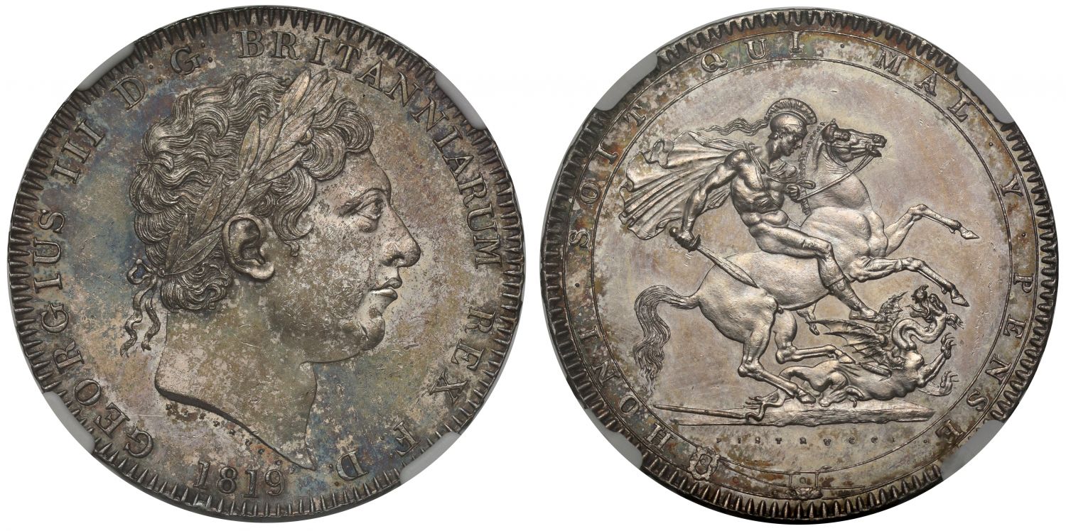 George III 1819 Crown, LIX edge, MS62, engraved by Pistrucci