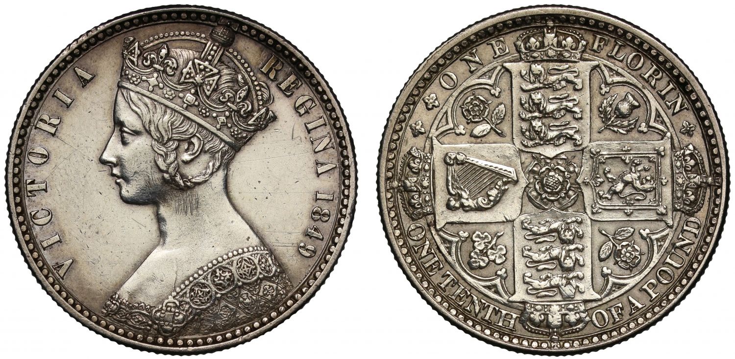 Victoria 1849 Godless Florin, WW obliterated variety