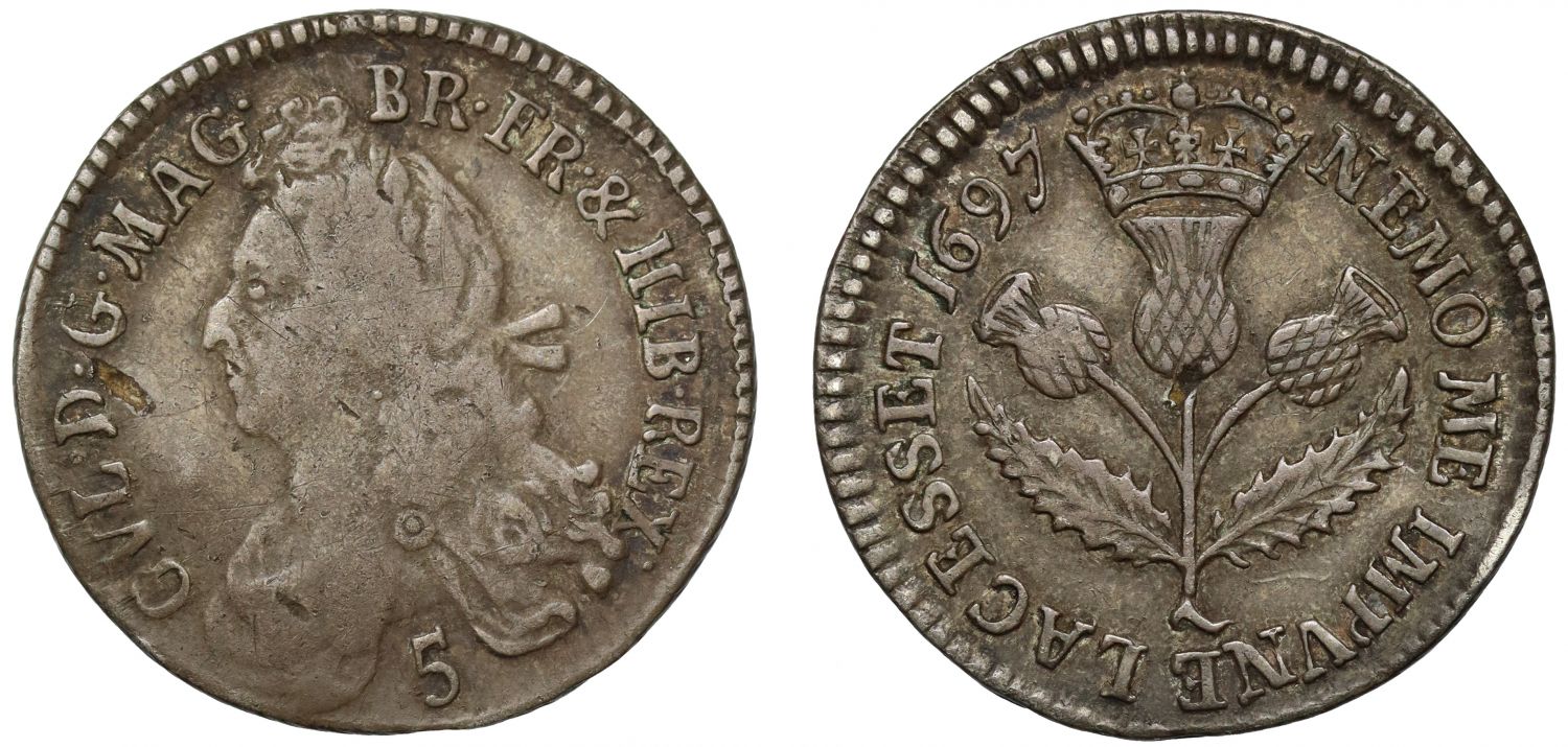 Scotland, William III 1697 Five-Shilling, no stops in reverse legend