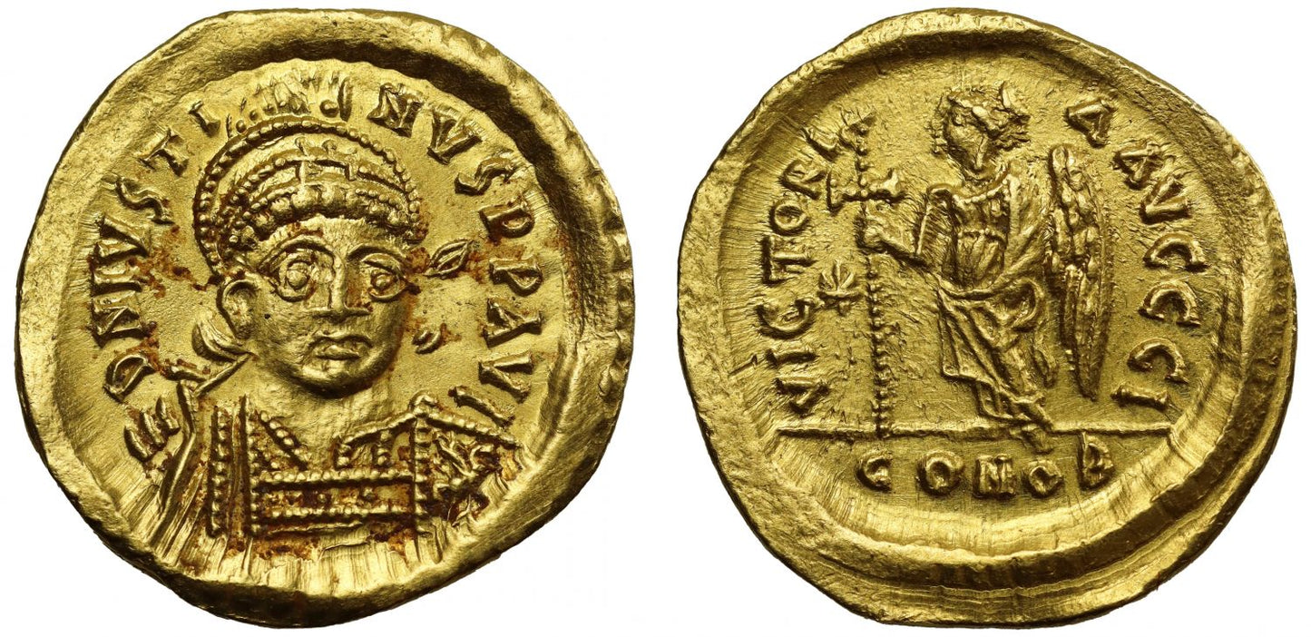 Justin I, gold Solidus, Constantinople, Officina Є.