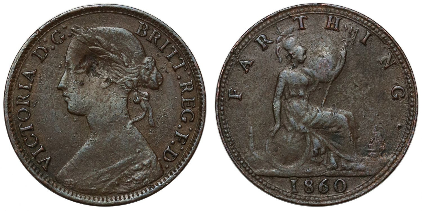 Victoria 1860 Mule Farthing, toothed border obverse / beaded border reverse