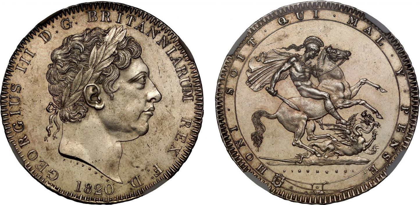 George III 1820 Crown LX edge, by Pistrucci, final year of issue MS61