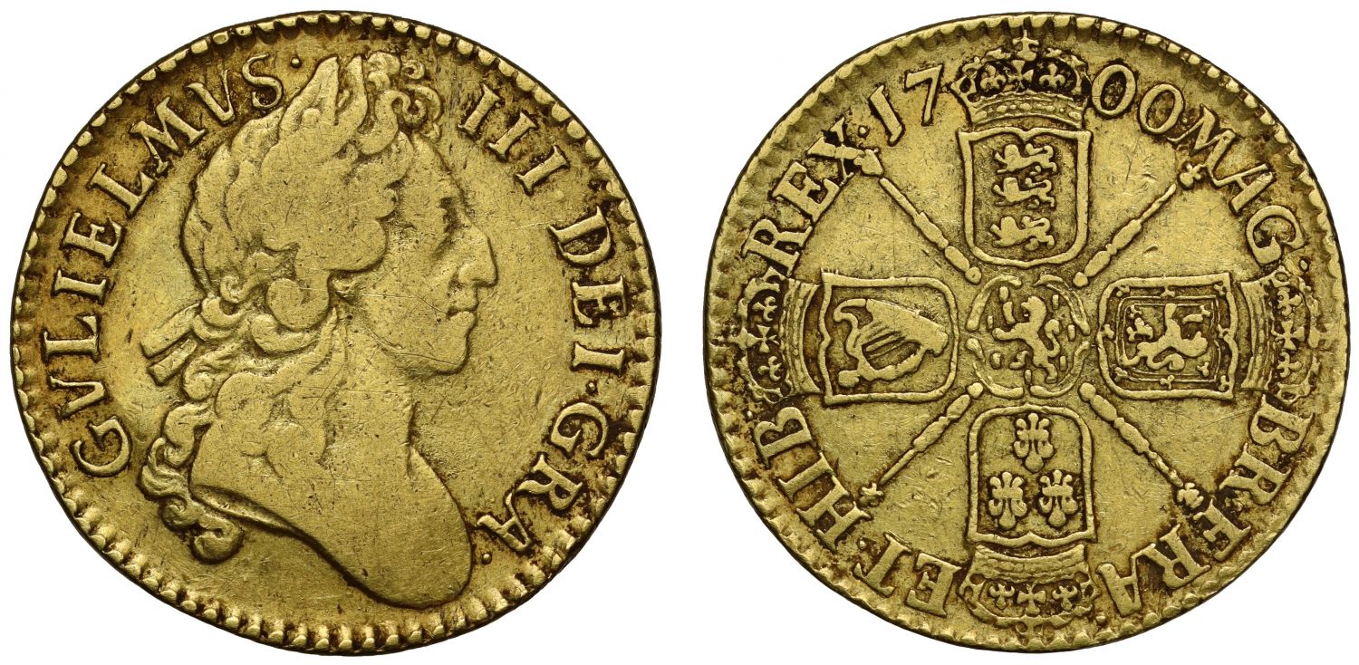William III 1700 Guinea, second laureate bust, plain sceptres