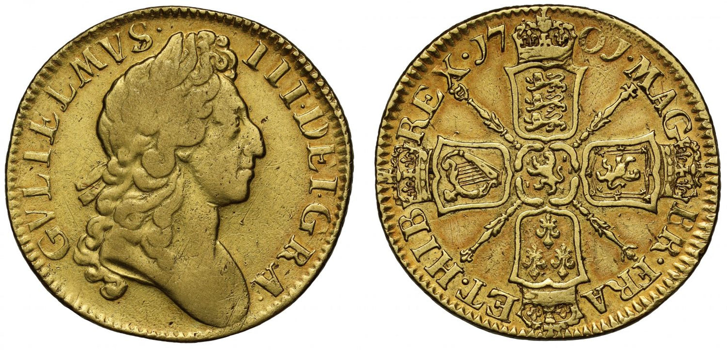 William III 1701 Guinea, second head, plain sceptres, narrow crowns