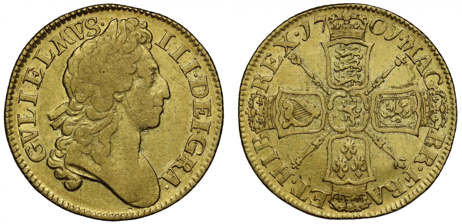 William III 1701 Guinea, 2nd laureate head, ornamental sceptres, narrow crowns