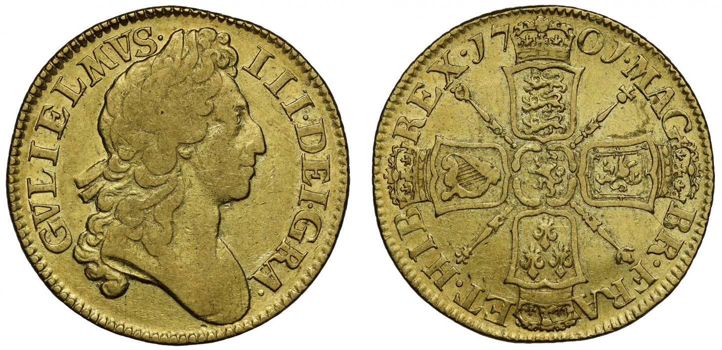 William III 1701 Guinea, second laureate head, ornamental sceptres, narrow crowns
