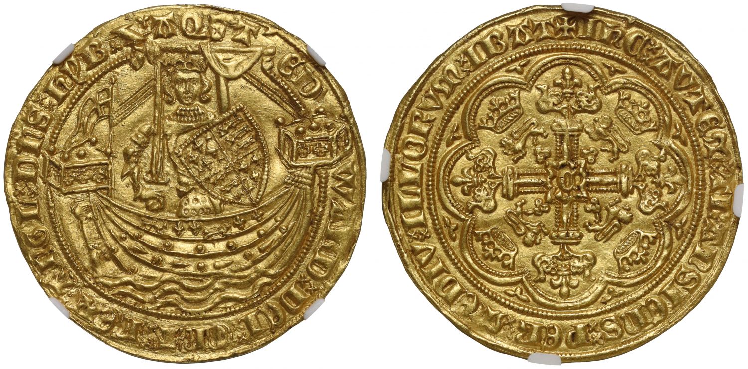 Edward III Noble, Calais Mint, type b, flag at stern, MS63