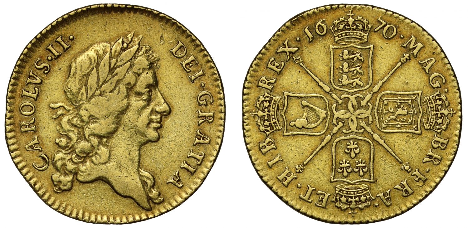 Charles II 1670 Guinea, third bust, less gold was coined in 1670 than silver