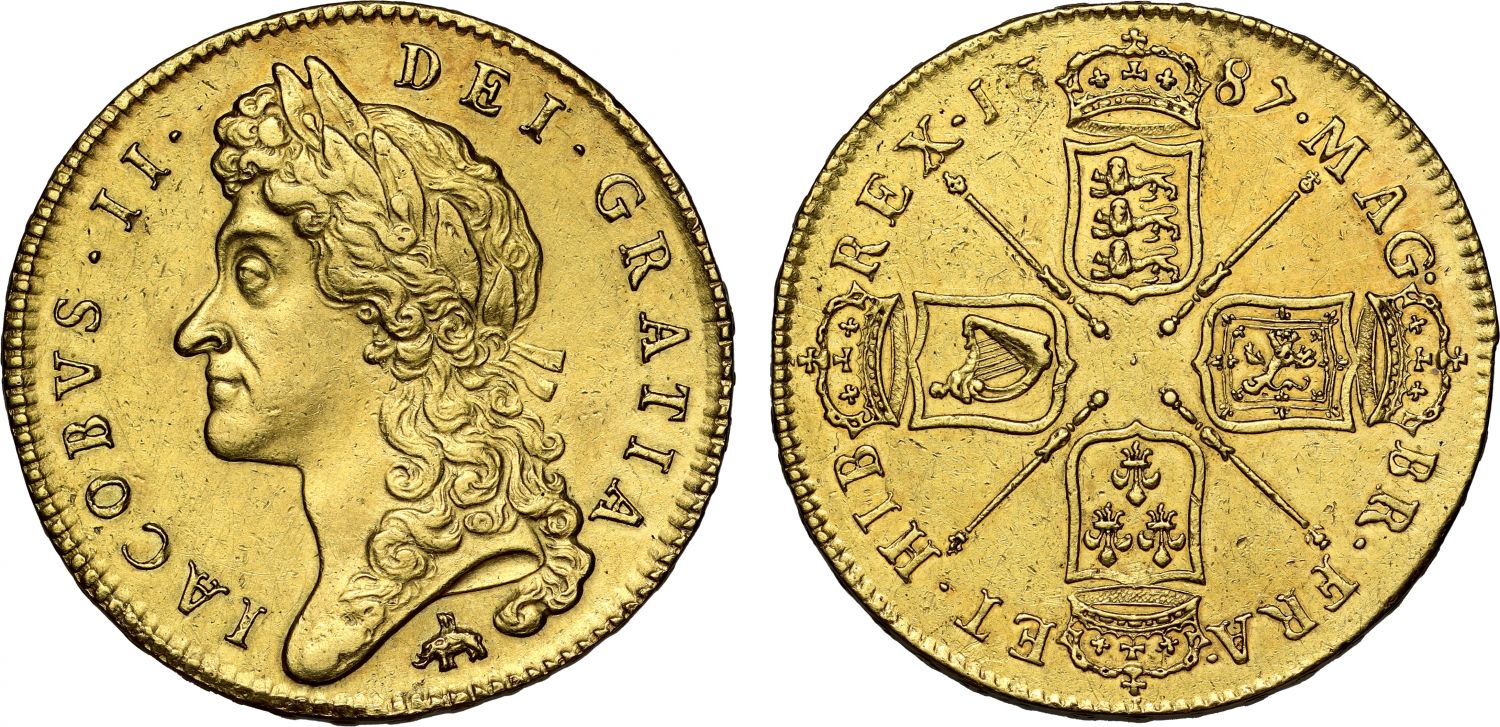 James II 1687 gold Five Guineas Elephant & Castle below first bust