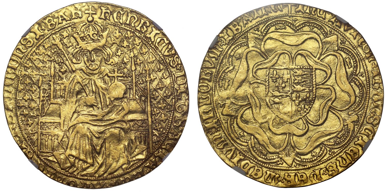 Henry VII fine gold Sovereign of earliest type available NGC AU50, realistic artistic portrait