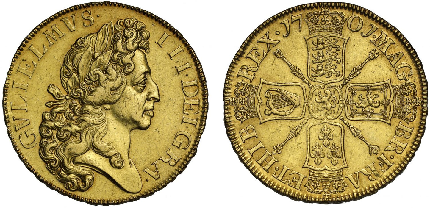 William III 1701 'Fine Work' Five-Guineas, ornamental sceptre reverse