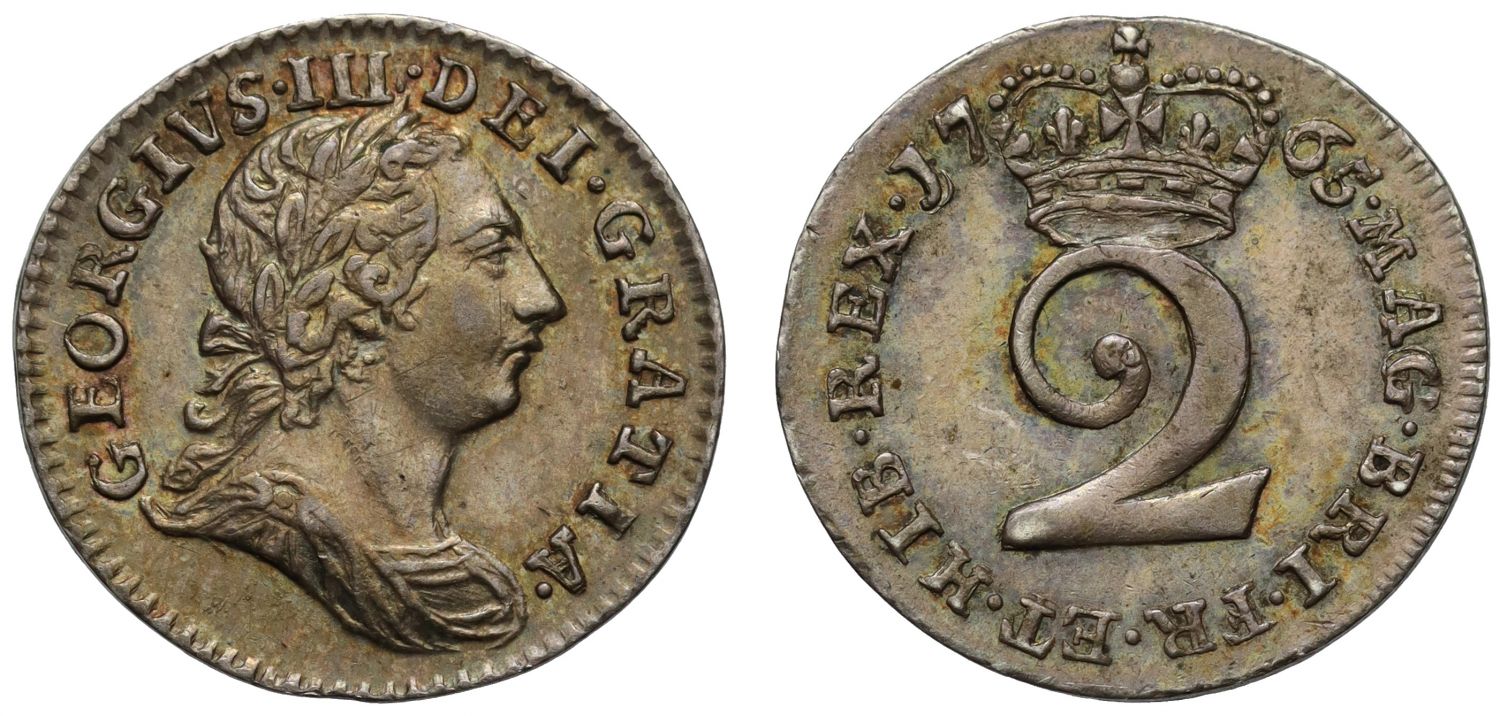 George III 1765 silver Twopence, rarest and key date Twopence in this reign R3
