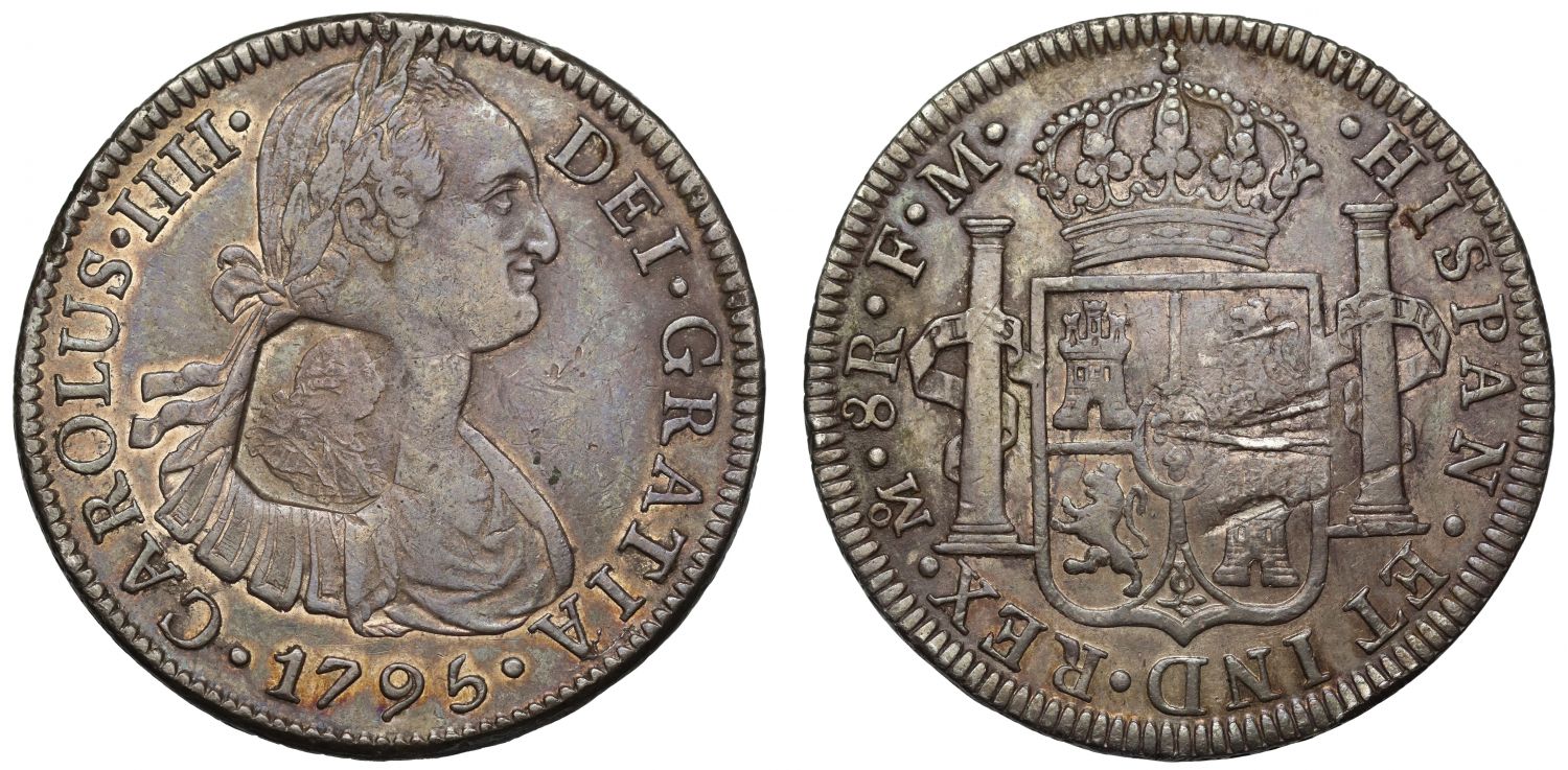 George III countermarked Dollar, upon Mexico 8-Reales 1795 FM, NGC XF45