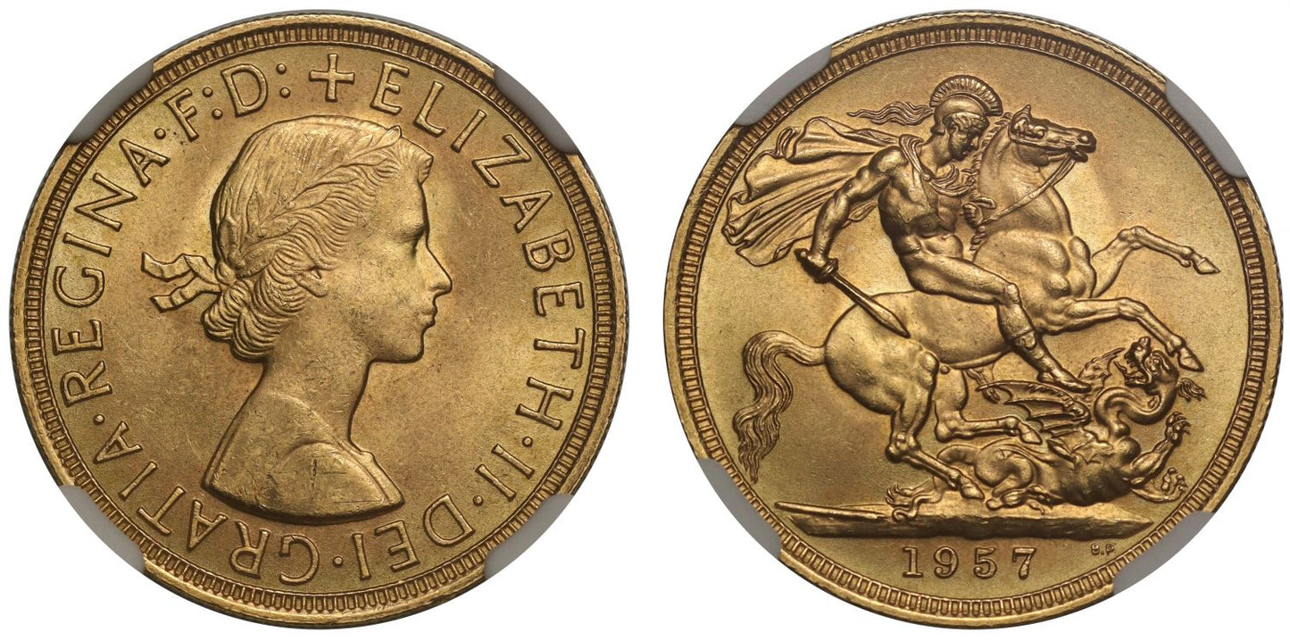Elizabeth II 1957 Gillick Sovereign MS65